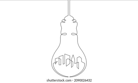 One continuous line.Ecology symbol.City in a light bulb. Energy saving. An environmentally friendly city. One continuous drawing line logo isolated minimal illustration.