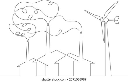 One continuous line.Ecology symbol.Wind power plant . Smoke from the chimneys of a factory. Green energy. Air pollution.One continuous drawing line logo isolated minimal illustration.