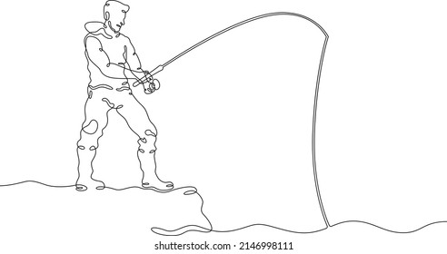 One continuous line.Fisherman on the river bank. Fisherman with a fishing rod.Fishing on the river. Fishing with spinning. One continuous line drawn isolated, white background.