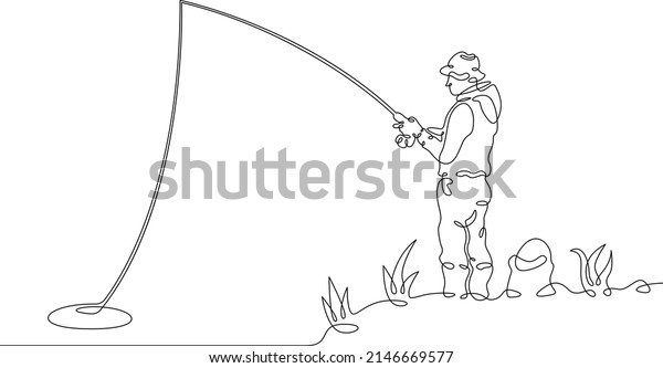 One\
continuous line.Fisherman on the river bank. Fisherman with a\
fishing rod.Fishing on the river. Fishing with spinning. One\
continuous line drawn isolated, white\
background.