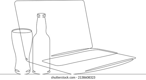 One continuous line.Glass and bottle of beer. Beer and computer. Laptop and alcoholic drink. Continuous line drawing.Line Art isolated white background.