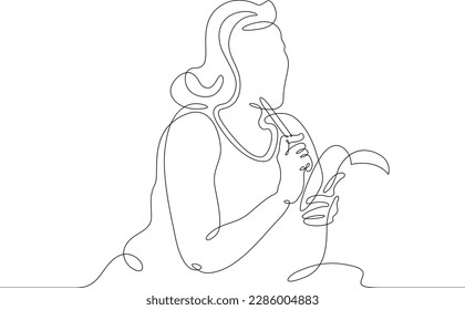 One continuous line.Gnawing on a ballpoint pen. The girl writes with a pencil. Portrait of a young pretty woman with a pencil in her mouth. Woman writer.One continuous line drawn isolated