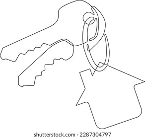 Una línea continua. Claves de casa. Montón de llaves. Teclas con cadena de claves en forma de casa. Logo de la casa. Venta y alquiler de inmuebles.Una línea continua trazada aislada, de fondo blanco.