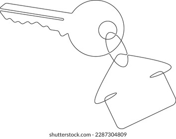 One continuous line.House keys. Bunch of keys. Keys with keychain in the shape of a house. House logo. Sale and rental of real estate.One continuous line drawn isolated, white background.
