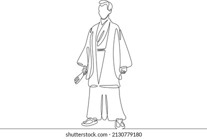 One continuous line.Japanese man character in traditional folk national clothes yukata and hakama. National clothes of Japan.Continuous line drawing.Line Art isolated white background.
