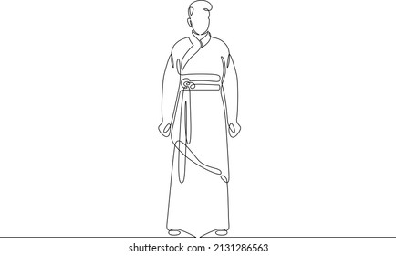 One continuous line.Japanese man character in traditional folk national clothes yukata and hakama. National clothes of Japan.Continuous line drawing.Line Art isolated white background.