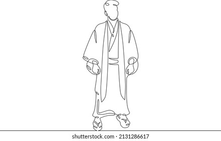 One continuous line.Japanese man character in traditional folk national clothes yukata and hakama. National clothes of Japan.Continuous line drawing.Line Art isolated white background.