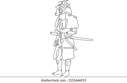 One continuous line.Japanese samurai warrior in historical costume. Asian military national costume. Samurai in battle dress.Continuous line drawing.Line Art isolated white background.