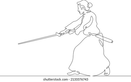 One continuous line.Japanese samurai warrior in historical costume. Asian military national costume. Samurai in battle dress.Continuous line drawing.Line Art isolated white background.
