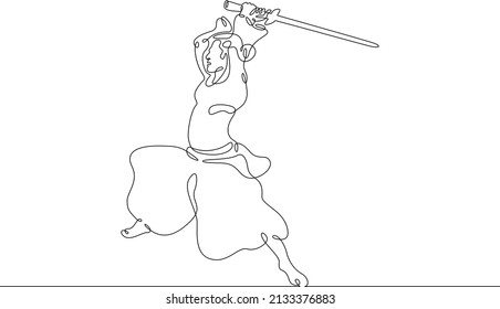 One continuous line.Japanese samurai warrior in historical costume. Asian military national costume. Samurai in battle dress.Continuous line drawing.Line Art isolated white background.