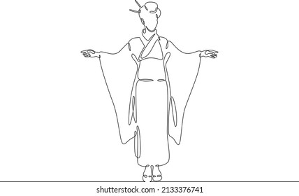 One continuous line.Japanese woman in traditional street costume. National dress of Japan.Continuous line drawing.Line Art isolated white background.