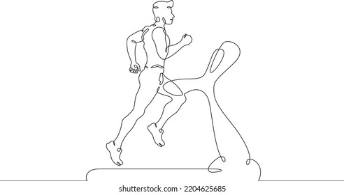 One continuous line.Jogging on a treadmill. Running in the gym. Runner. The man is running.One continuous line is drawn on a white background.