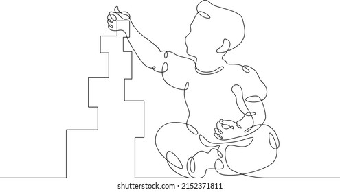 One continuous line.Kids games. A small child plays with blocks. Educational games for children. Toddler games.One continuous line drawn isolated, white background.