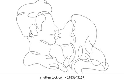 One continuous line.Kissing couple. Kiss of two lovers.Hugs of lovers.One continuous drawing line logo isolated minimal illustration.