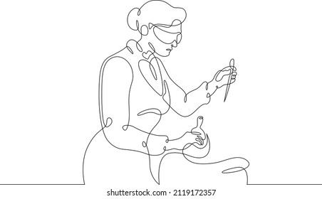 One continuous line.Laboratory assistant in the laboratory. The pharmacist prepares the medicine. The chemist is experimenting. Continuous line drawing.Line Art isolated white background.