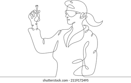 One continuous line.Laboratory assistant in the laboratory. The pharmacist prepares the medicine. The chemist is experimenting. Continuous line drawing.Line Art isolated white background.