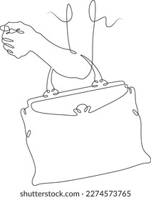 One continuous line.Ladies handbag. Woman's hand with a bag. Elegant designer handbag. Clutch bag. One continuous line drawn isolated, white background.