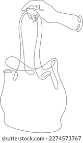 One continuous line.Ladies handbag. Woman's hand with a bag. Elegant designer handbag. Clutch bag. One continuous line drawn isolated, white background.