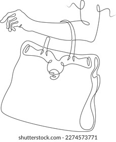 One continuous line.Ladies handbag. Woman's hand with a bag. Elegant designer handbag. Clutch bag. One continuous line drawn isolated, white background.