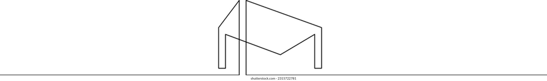 One continuous line.Linear.Minimalist home design.Geometric House logo.Residential building.One continuous line drawn isolated, white background. 