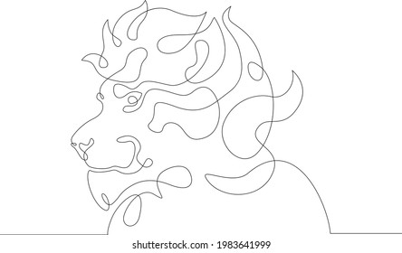 One continuous line.Lion muzzle logo. Wild animal. Head profile of a lion.One continuous drawing line logo isolated minimal illustration.