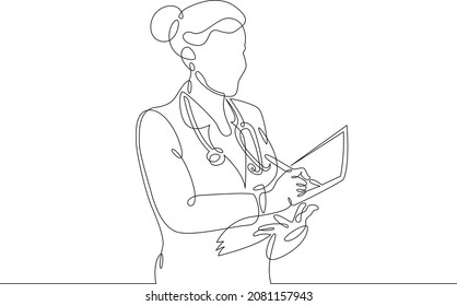 One continuous line.Medical doctor with stethoscope. Doctor writes. Medicine and healthcare. Doctor visit.One continuous drawing line logo isolated minimal illustration.