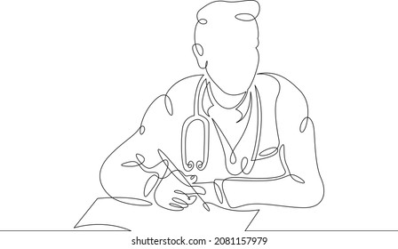 Eine durchgehende Linie. Ärztlicher Arzt mit Stethoskop. Doktor schreibt. Medizin und Gesundheitswesen. Arztbesuch.Ein Logo für die durchgehende Zeichnungslinie einzeln auf minimaler Ebene.