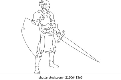 Eine durchgehende Linie. Mittelalterlicher Ritter. Fantasy-Held in schwerer Rüstung. Krieger im Kampfanzug.Eine durchgehende Linie wird auf weißem Hintergrund gezogen.