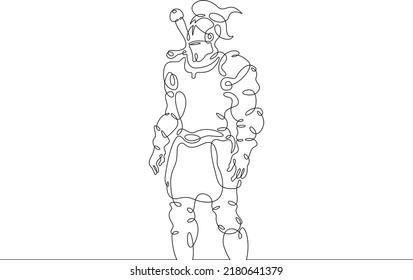 One continuous line.Medieval knight. Fantasy hero in heavy armor. Warrior in combat attire.One continuous line is drawn on a white background.