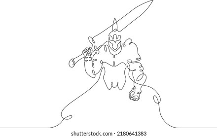 Una línea continua. Héroe de la fantasía con armadura pesada. Guerrero con atuendo de combate.Se dibuja una línea continua sobre un fondo blanco.