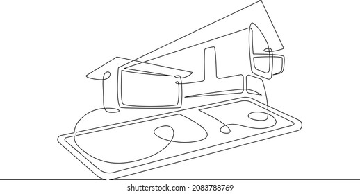 One continuous line.Modern house on the computer screen. Fashionable architecture in the device. House image. Building construction in the gadget. One continuous drawing line logo isolated minimal