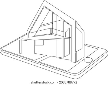 One continuous line.Modern house on the computer screen. Fashionable architecture in the device. House image. Building construction in the gadget. One continuous drawing line logo isolated minimal