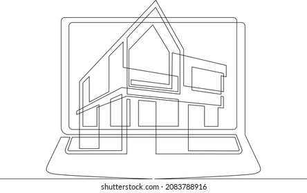 One continuous line.Modern house on the computer screen. Fashionable architecture in the device. House image. Building construction in the gadget. One continuous drawing line logo isolated minimal
