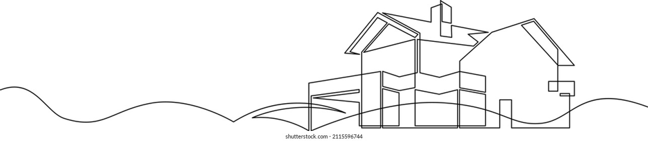 One continuous line.Modern minimalist home. Residential country house. Architectural concept of a building in a landscape.Continuous line drawing.Line Art isolated white background.