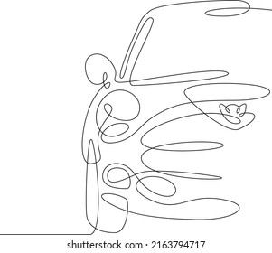 One continuous line.Passenger car. Part of the body of a modern car. Details of the design of private transport. One continuous line is drawn on a white background.