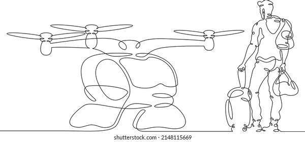 One continuous line.Passenger quadcopter taxi. A tourist with luggage is waiting to board a taxi.Air passenger transportation by electric plane, air taxi. One continuous line isolated white background