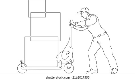 One continuous line.Porter.The loader carries boxes on a cart.The loader delivers the goods in boxes. Transportation and shipping. The loader carries the boxes.One continuous line is drawn