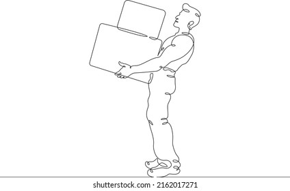 One continuous line.Porter.The loader delivers the goods in boxes. Transportation and shipping. The loader carries the boxes.One continuous line is drawn on a white background.