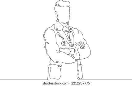 One continuous line.Portrait of a doctor with a phonendoscope. Physician therapist. Attending doctor in a bathrobe and a stethoscope. One continuous line is drawn on a white background.
