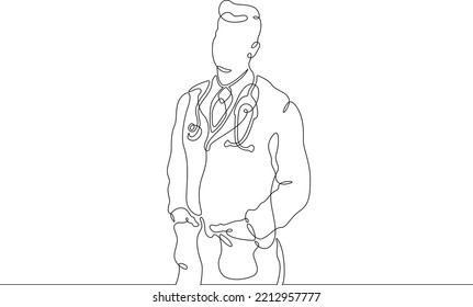 One continuous line.Portrait of a doctor with a phonendoscope. Physician therapist. Attending doctor in a bathrobe and a stethoscope. One continuous line is drawn on a white background.