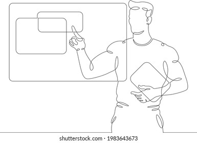 One continuous line.Programmer designer works with virtual screens. Information technology.One continuous drawing line logo isolated minimal illustration.