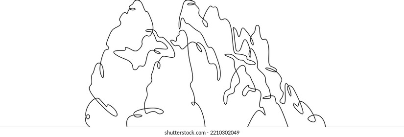 One continuous line.Rocky island. Uninhabited island in the ocean. Small desert island. One continuous line is drawn on a white background.