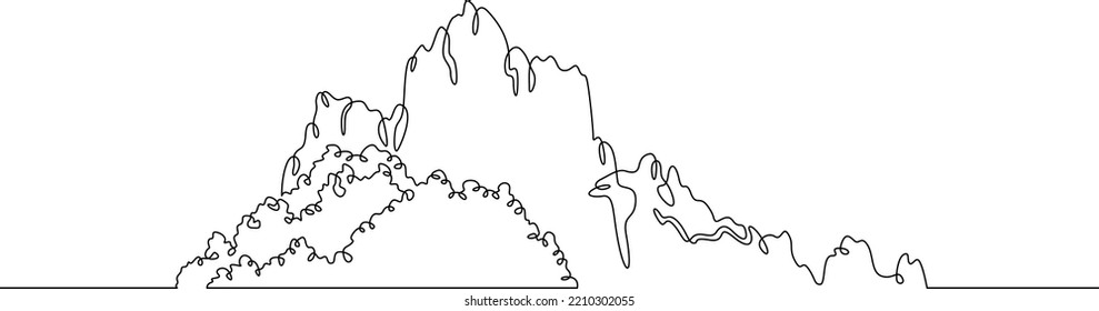 One continuous line.Rocky island. Uninhabited island in the ocean. Small desert island. One continuous line is drawn on a white background.