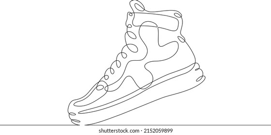 One continuous line.Sneakers for teenagers. Stylish beautiful shoe. Sport shoes. Modern sneakers.One continuous line drawn isolated, white background.