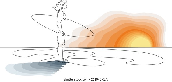 One continuous line.Surfer with a board on the ocean beach. Surfing. Colored isolated elements. Continuous line drawing.Line Art isolated white background.