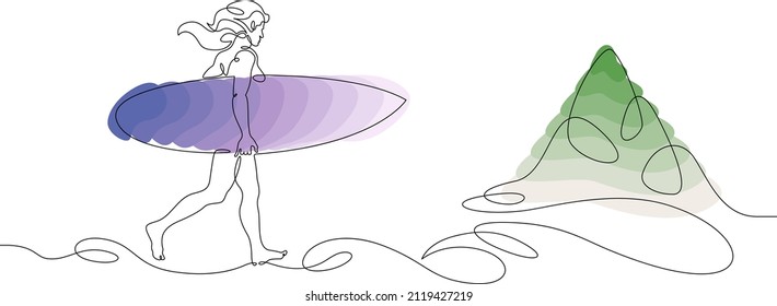 One continuous line.Surfer with a board on the ocean beach. Surfing. Colored isolated elements. Continuous line drawing.Line Art isolated white background.