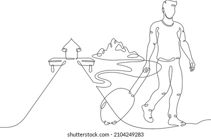 One continuous line.Tourist on vacation.Tourist with a suitcase on the background of the seaside resort. Traveler with luggage by the sea. Pier and tropical island .Lineart isolated white background.