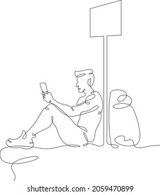 One continuous line.Transport passenger. Bus stop. Passenger waiting at the bus stop. One continuous drawing line logo isolated minimal illustration.