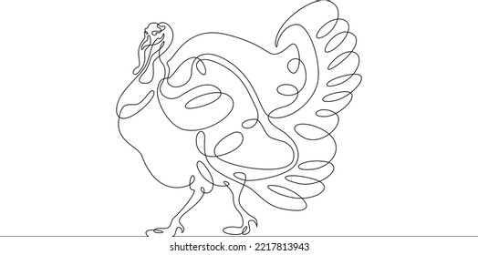 One continuous line.Turkey bird. Holiday symbol. Thanksgiving Day. One continuous line on a white background.