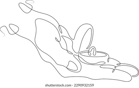 One continuous line.Wedding ring. Ring box. The hand is holding a box with an engagement ring. Wedding.One continuous line drawn isolated, white background.